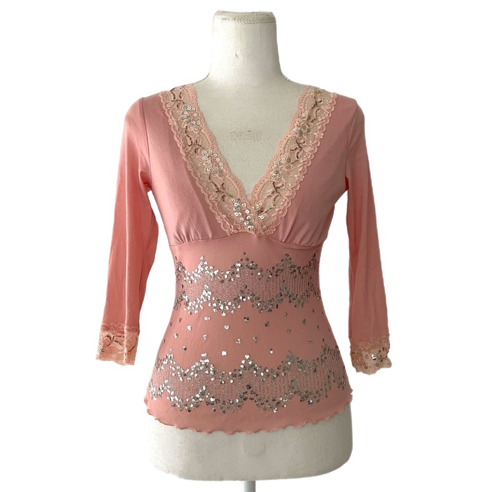 Y2K XOXO Women’s Size Small Pink Sequin Lace Stretch Milkmaid Top